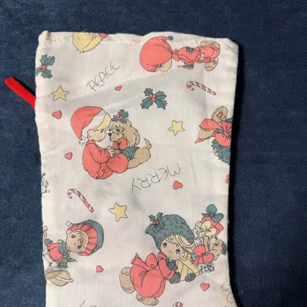 Vintage Precious Moments Quilted Christmas Stocking with Girl and Holiday Print